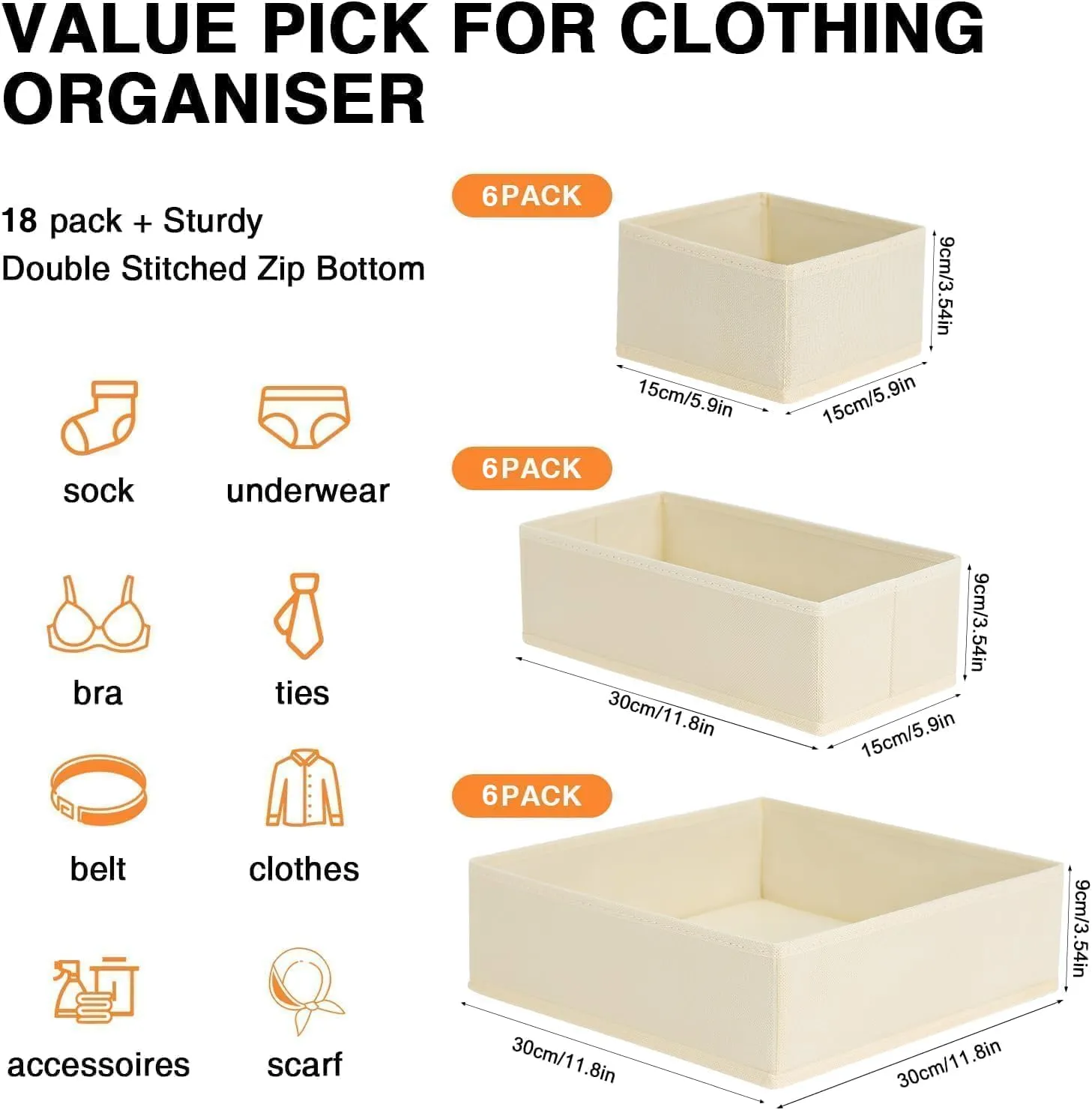 DIMJ Drawer Organizer Clothes, 18 Pack Dresser Organizer, Foldable Closet Organizers and Storage, Fabric Dresser Drawer Organizers, Drawer Dividers for Nursery, Baby Clothes, Underwears, Sock (Beige)