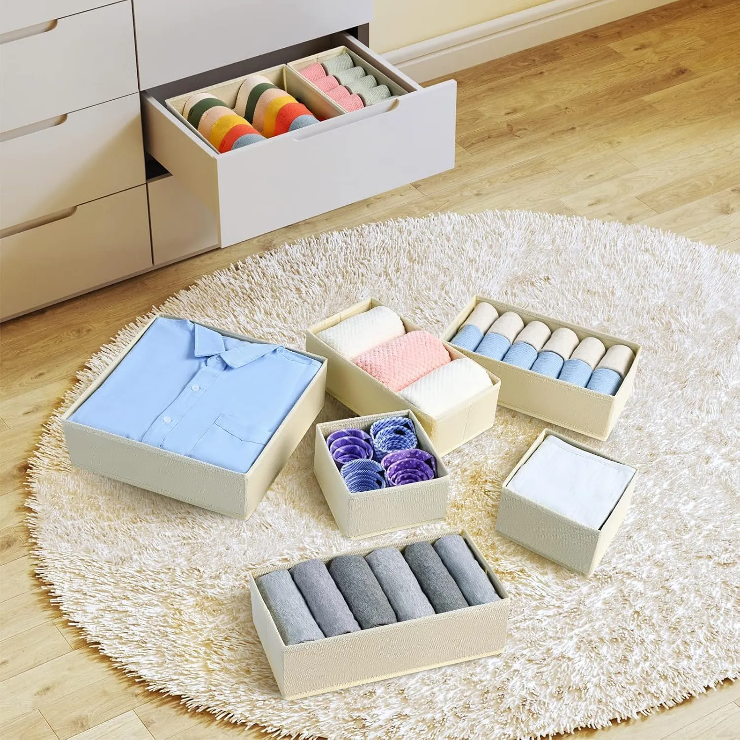 DIMJ Drawer Organizer Clothes, 18 Pack Dresser Organizer, Foldable Closet Organizers and Storage, Fabric Dresser Drawer Organizers, Drawer Dividers for Nursery, Baby Clothes, Underwears, Sock (Beige)
