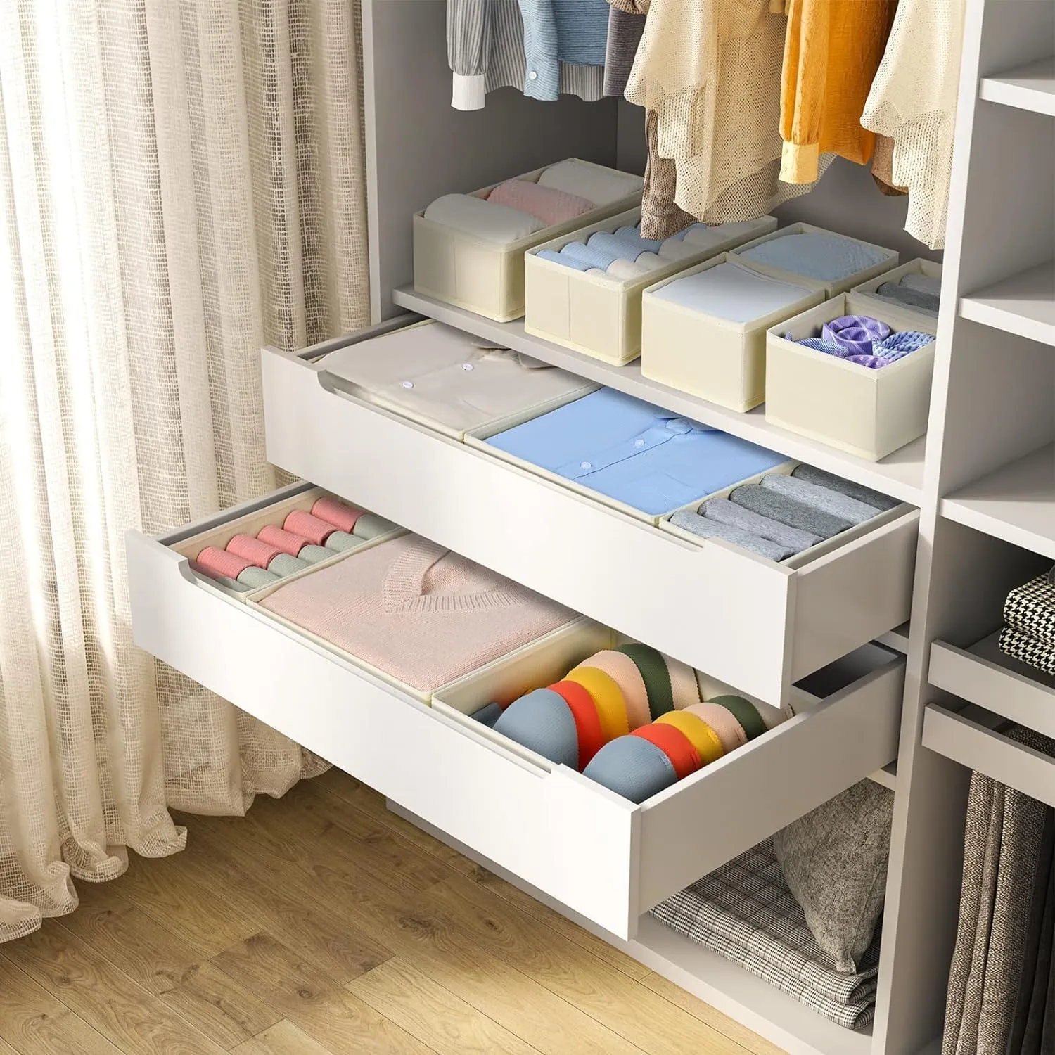 DIMJ Drawer Organizer Clothes, 18 Pack Dresser Organizer, Foldable Closet Organizers and Storage, Fabric Dresser Drawer Organizers, Drawer Dividers for Nursery, Baby Clothes, Underwears, Sock (Beige)