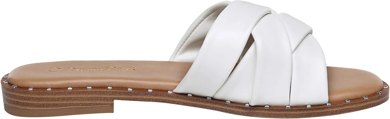 DREAM PAIRS Women' s Cute Slip On Studded Flat Slides Sandals