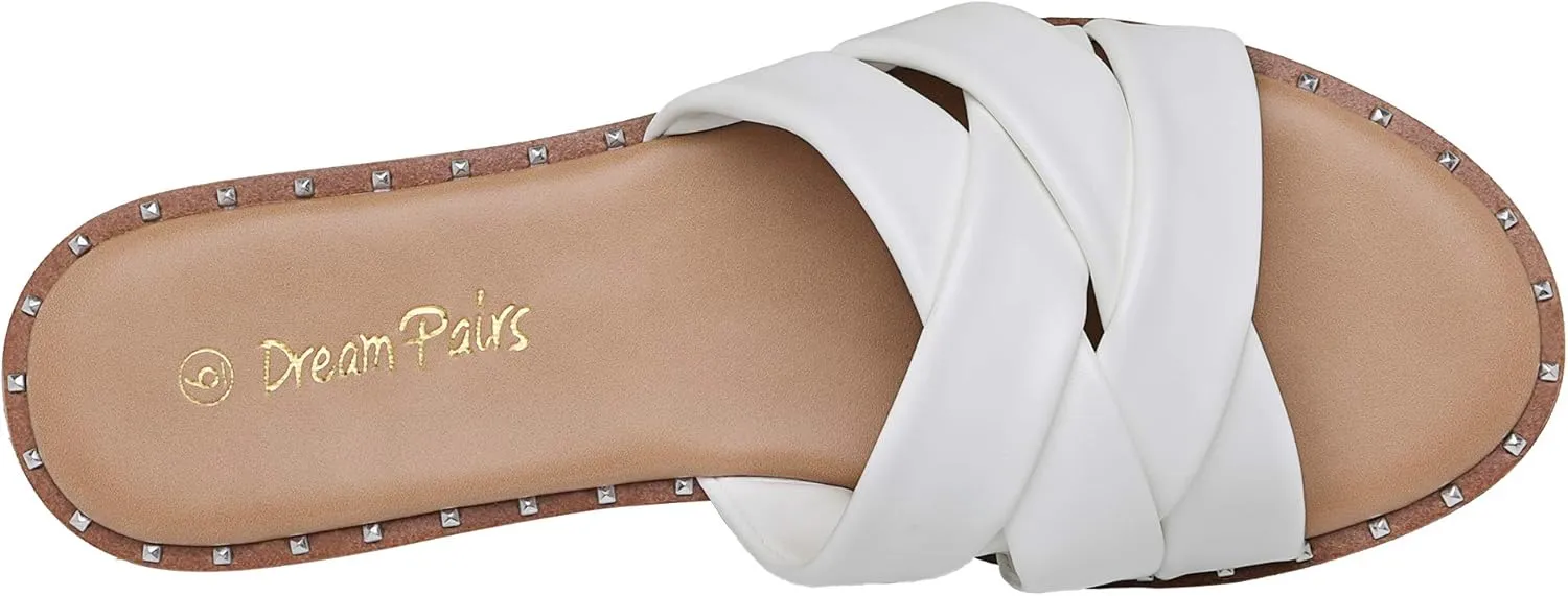 DREAM PAIRS Women' s Cute Slip On Studded Flat Slides Sandals