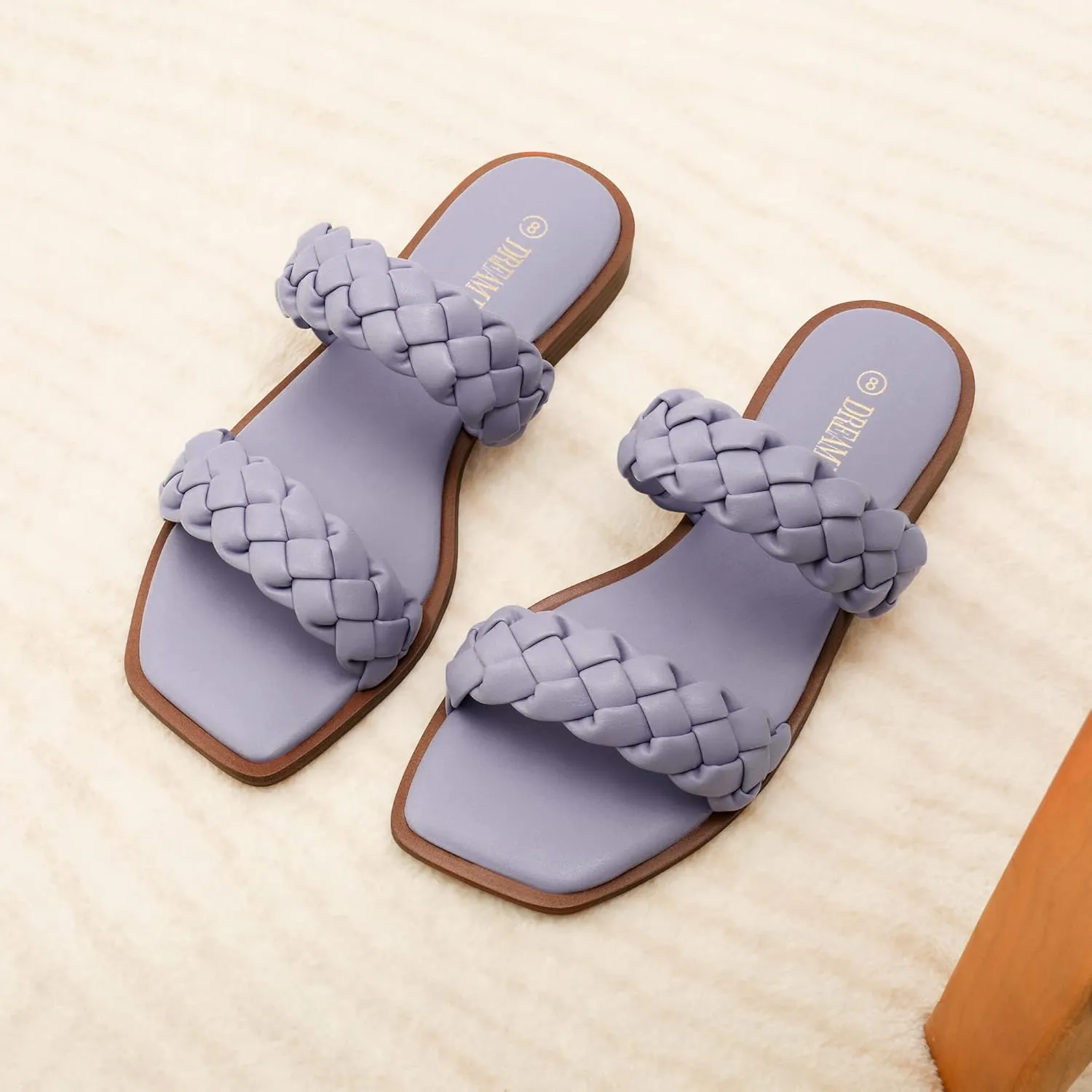 DREAM PAIRS Women's Braided Sandals Slip on Slides Two Straps Square Toe Dressy for Summer