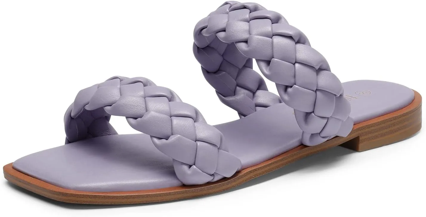 DREAM PAIRS Women's Braided Sandals Slip on Slides Two Straps Square Toe Dressy for Summer
