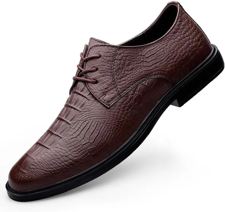 Dress Oxford for Men Lace Up Round Toe Crocodile Print Vegan Leather Derby Shoes Anti-Slip Low Top Block Heel Non Slip Business