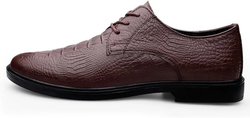Dress Oxford for Men Lace Up Round Toe Crocodile Print Vegan Leather Derby Shoes Anti-Slip Low Top Block Heel Non Slip Business