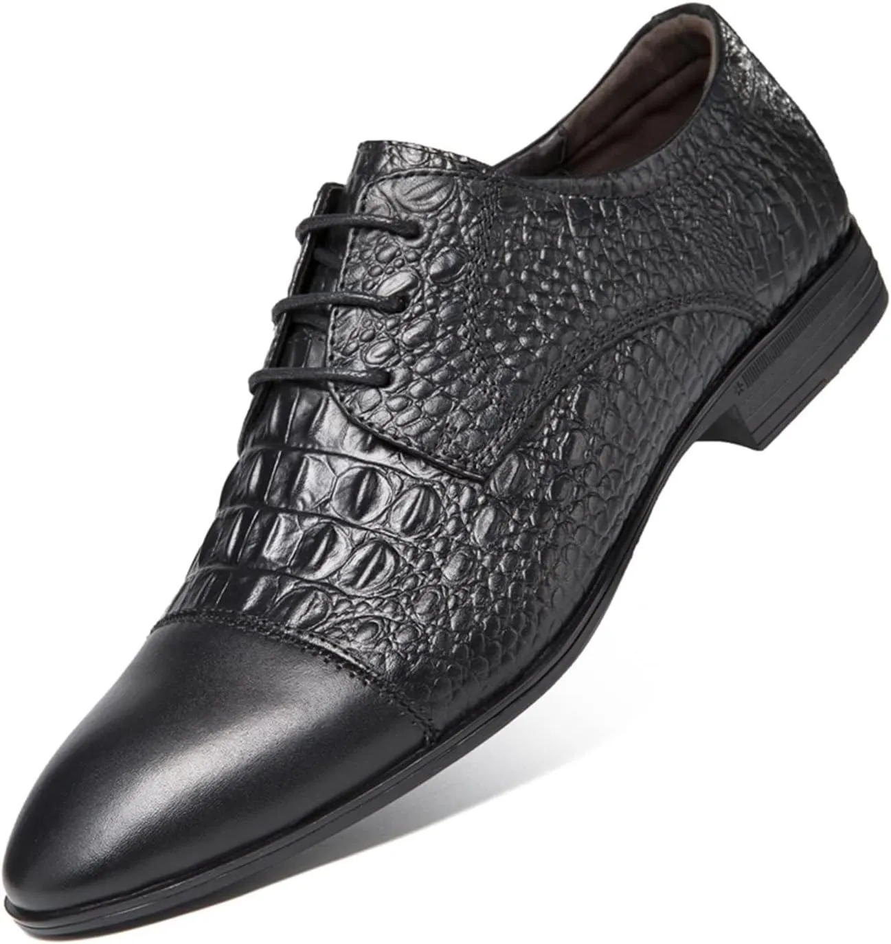 Dress Shoes for Men Lace Up Cap Toe Crocodile Embossed Derby Shoes Leather Rubber Sole Anti-Slip Non Slip Low Top Block Heel Prom (Color : Black, Size : 8)