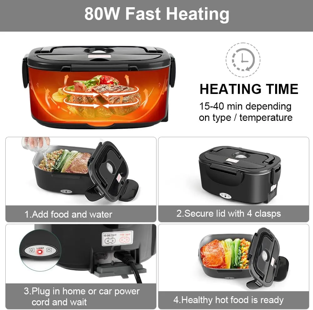 Electric Lunch Box 80W for Adults, 1.5L Lunch Warmer with 2 Compartments for Truck/Car/Work, Fast Portable Heated Lunch Box Food Warmer Heater 12/24/110V, Removable Stainless Steel Container