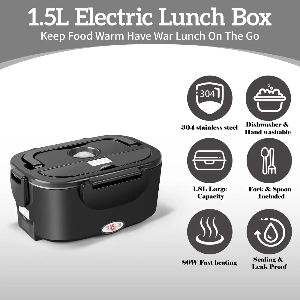 Electric Lunch Box 80W for Adults, 1.5L Lunch Warmer with 2 Compartments for Truck/Car/Work, Fast Portable Heated Lunch Box Food Warmer Heater 12/24/110V, Removable Stainless Steel Container