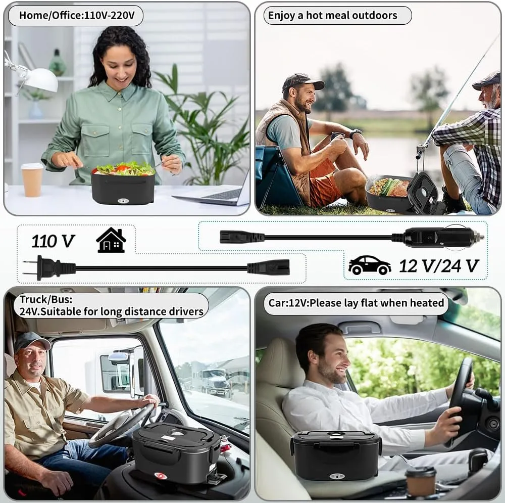 Electric Lunch Box 80W for Adults, 1.5L Lunch Warmer with 2 Compartments for Truck/Car/Work, Fast Portable Heated Lunch Box Food Warmer Heater 12/24/110V, Removable Stainless Steel Container