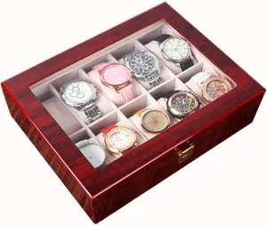Elegant Large Wooden Watch Box Organizer for Men Women with 10 Slots, Transparent top, Portable Watch Holder Mens Watches Case Storage Best Gift for The Husband, Wine (26x 20 x 8cm)