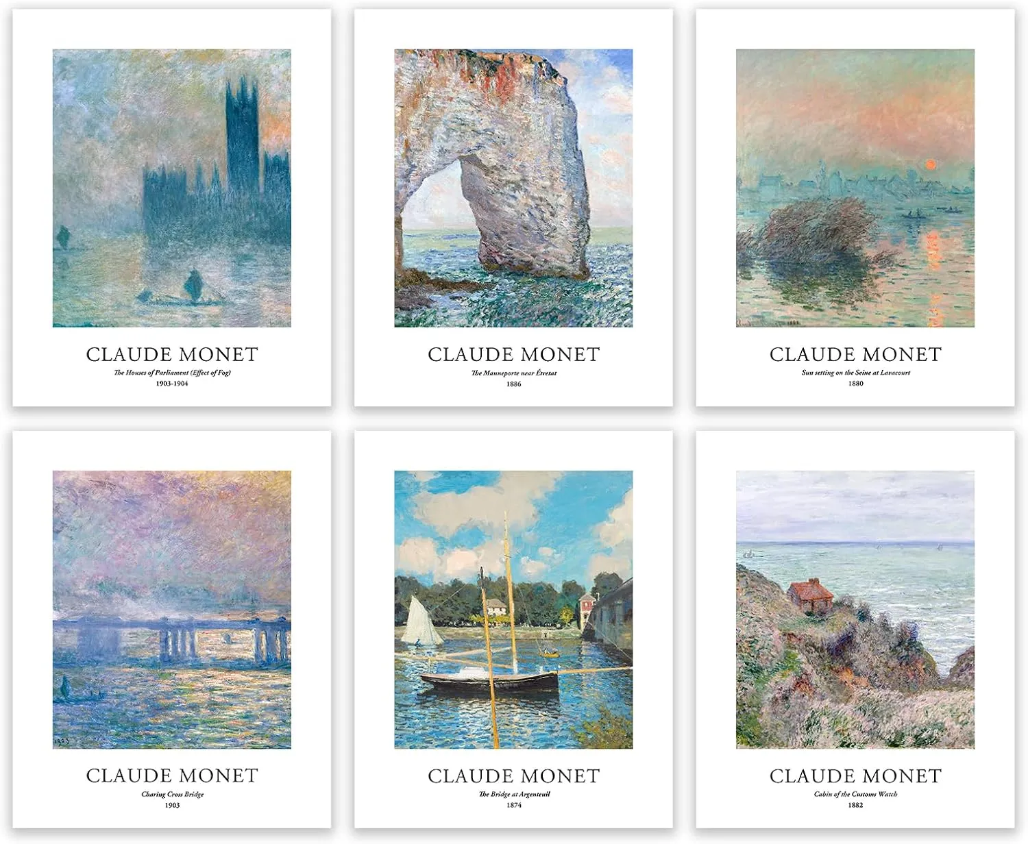 EVOLE HOME Claude Monet Giclée Art Print Set - 6 Unframed 8x 10 Impression posters on Premium Matte Art Paper