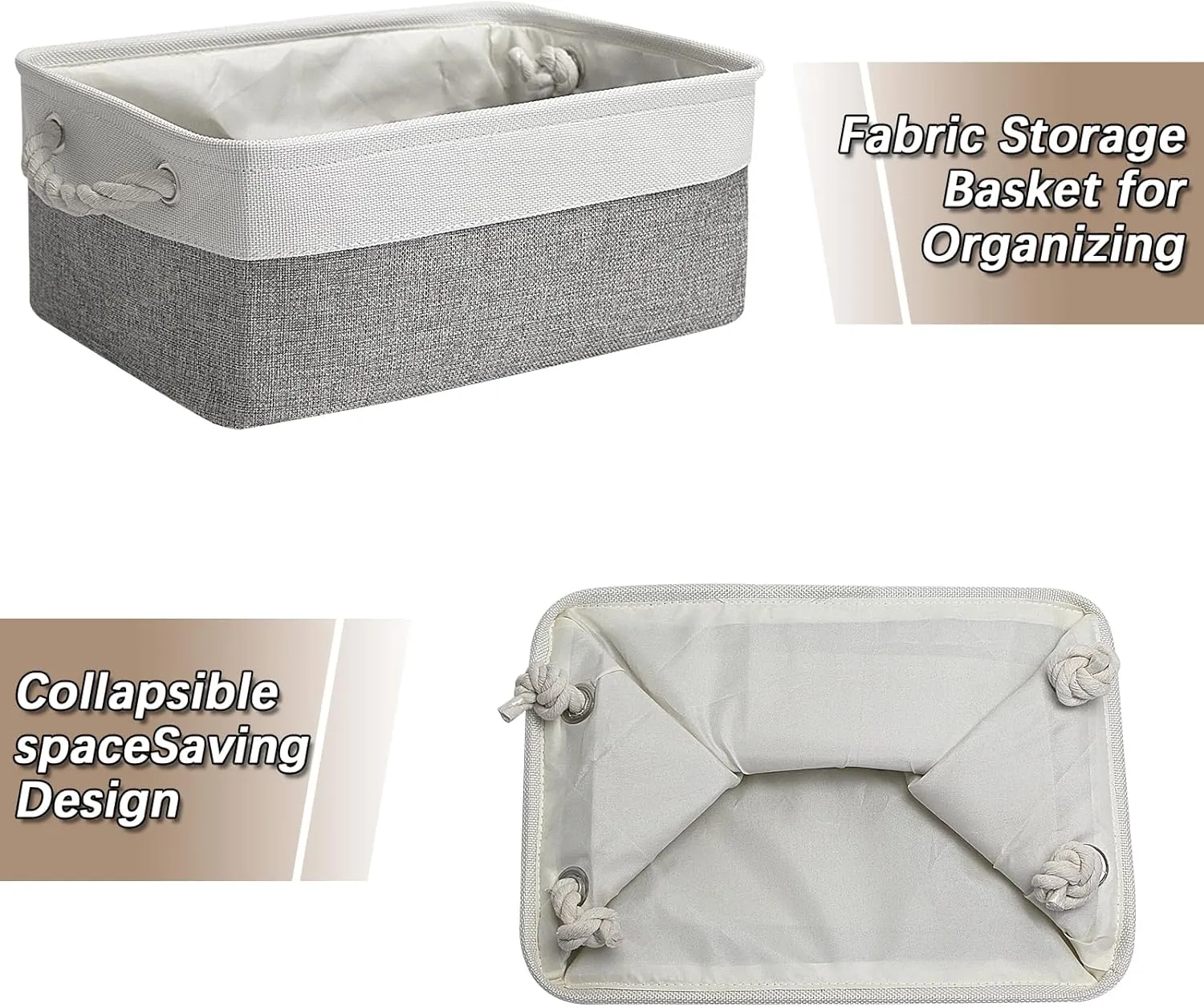 Fabric Storage Bins, 3 Pack Foldable Cube Baskets with Rope Handles, Large Collapsible Storage Cubes for Home, Office, Closet, Clothes, Books Organizer. (White and Gray, 3PCS/12.2*8.2*5.1inch)