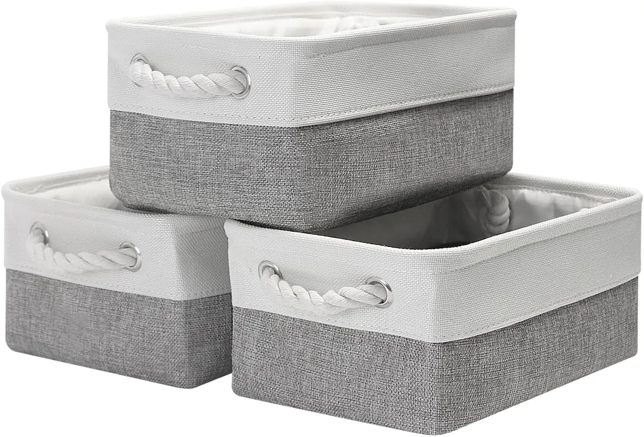 Fabric Storage Bins, 3 Pack Foldable Cube Baskets with Rope Handles, Large Collapsible Storage Cubes for Home, Office, Closet, Clothes, Books Organizer. (White and Gray, 3PCS/12.2*8.2*5.1inch)