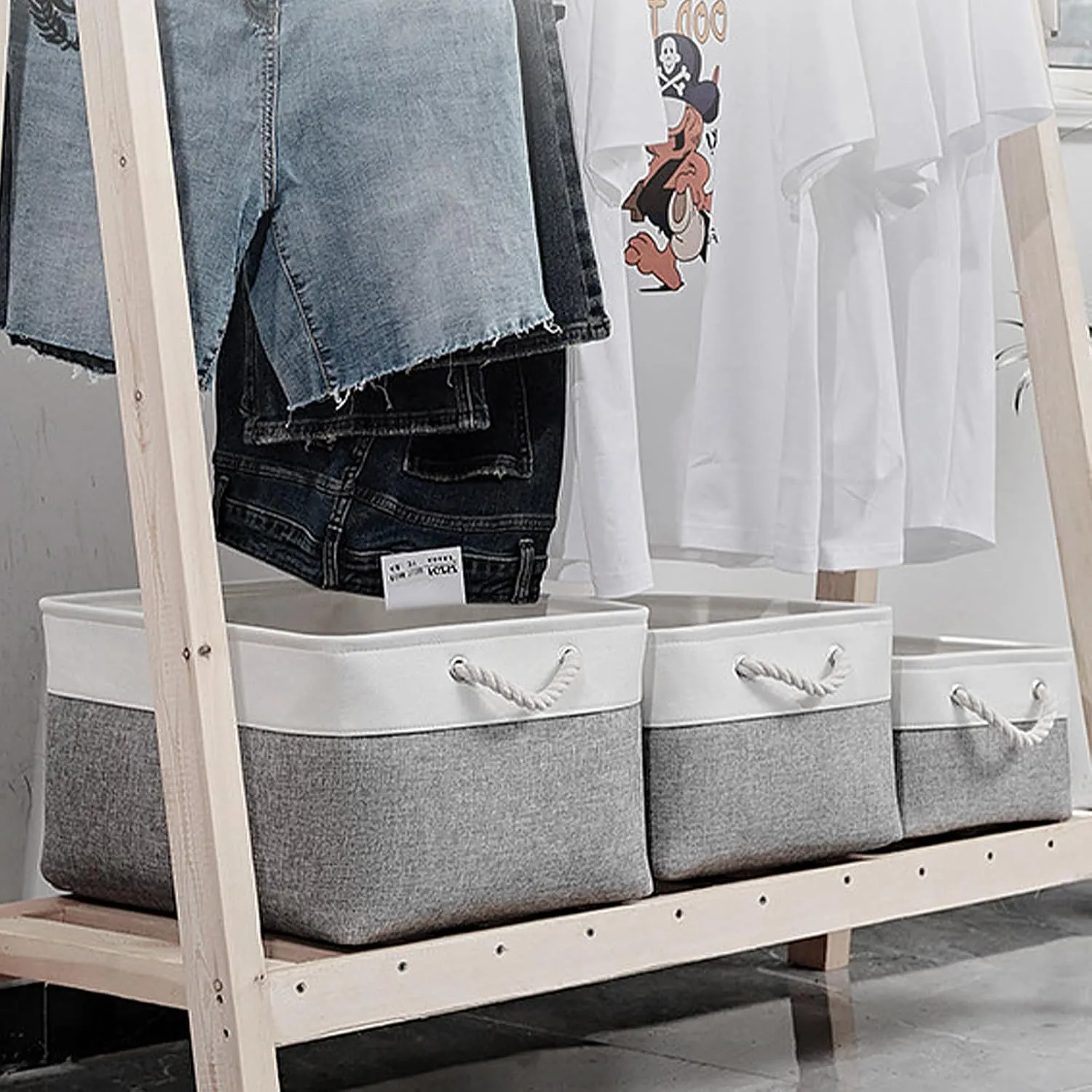 Fabric Storage Bins, 3 Pack Foldable Cube Baskets with Rope Handles, Large Collapsible Storage Cubes for Home, Office, Closet, Clothes, Books Organizer. (White and Gray, 3PCS/12.2*8.2*5.1inch)