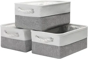 Fabric Storage Bins, 3 Pack Foldable Cube Baskets with Rope Handles, Large Collapsible Storage Cubes for Home, Office, Closet, Clothes, Books Organizer. (White and Gray, 3PCS/12.2*8.2*5.1inch)