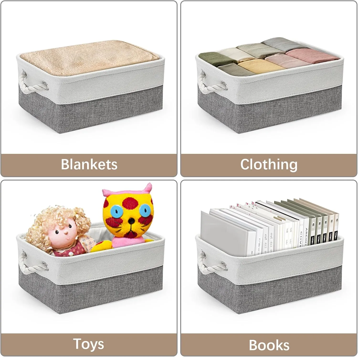 Fabric Storage Bins, 3 Pack Foldable Cube Baskets with Rope Handles, Large Collapsible Storage Cubes for Home, Office, Closet, Clothes, Books Organizer. (White and Gray, 3PCS/12.2*8.2*5.1inch)