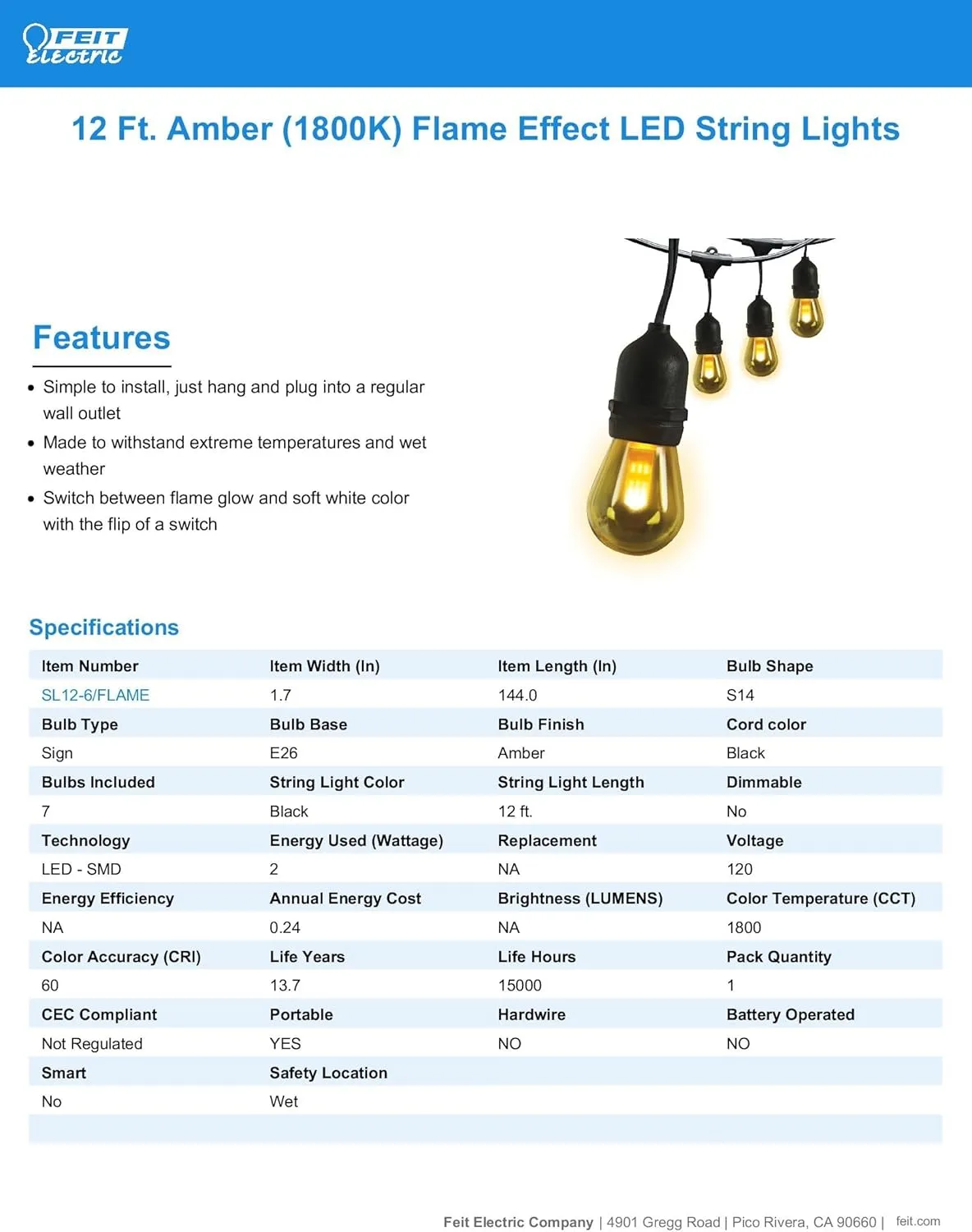 Feit Electric LED String Lights with Flame Bulbs Effect, 12ft Commercial Grade and Shatter Resistant String Lights, 6 Sockets, Linkable, 15,000-Hour Lifetime, SL12-6/FLAME, 7 Bulbs Included