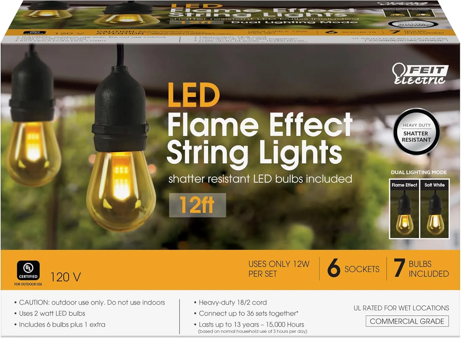 Feit Electric LED String Lights with Flame Bulbs Effect, 12ft Commercial Grade and Shatter Resistant String Lights, 6 Sockets, Linkable, 15,000-Hour Lifetime, SL12-6/FLAME, 7 Bulbs Included