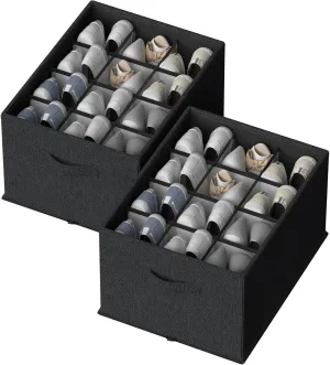 FHSQX 2 Pack Shoe Organizer for Closet,Foldable Shoe Organizer,Fits up to 24 Pairs,Storage Containers With Bottom Support for Shoes (Black, 16.5 * 12.6 * 9.5in)