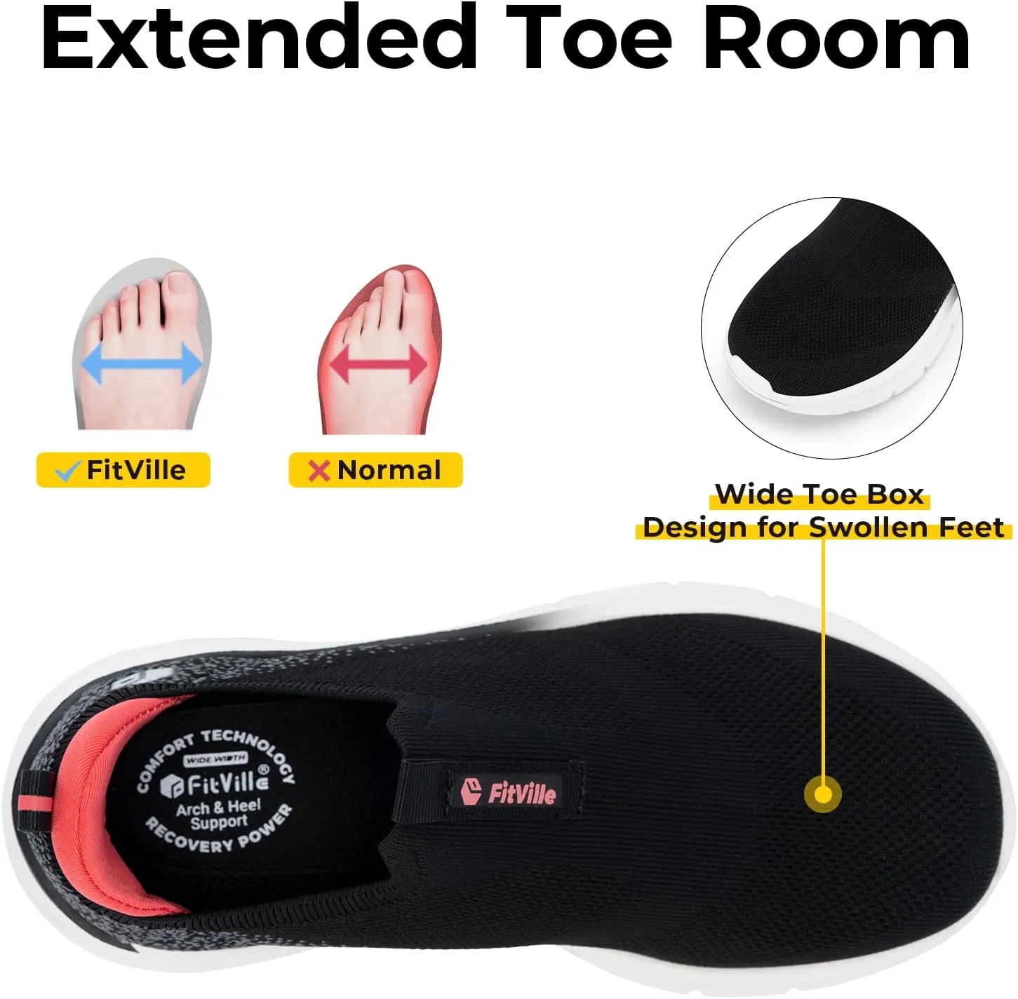 FitVille Women's Slip On Shoes Wide Walking Shoes for Women Slip On Sneakers for Flat Feet Plantar Fasciitis with Arch Support