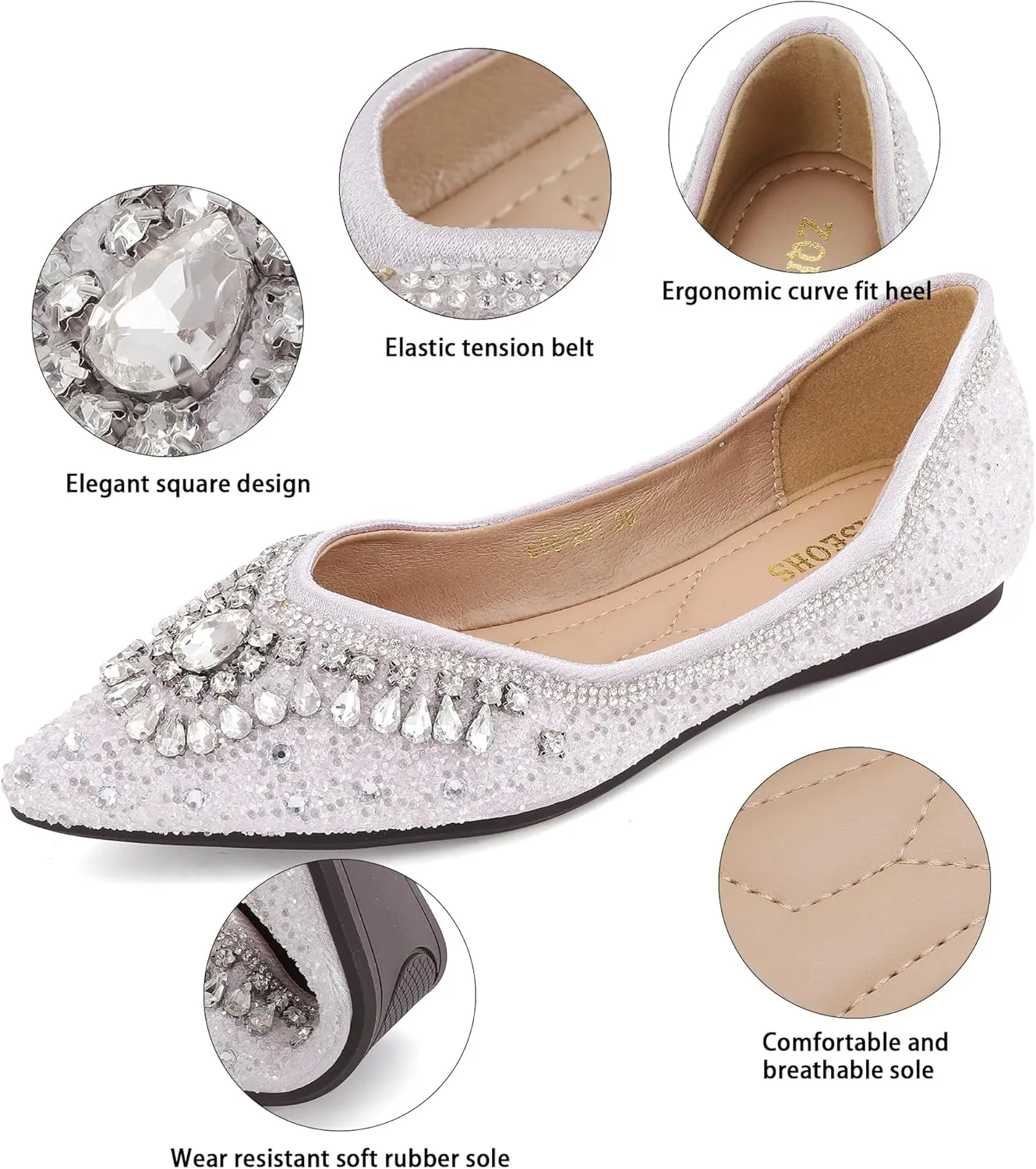 Flats Shoes Women Rhinestone Sequin Wedding Pointed Toe Dress Flat Shoes Comfortable Flats for Women Dressy