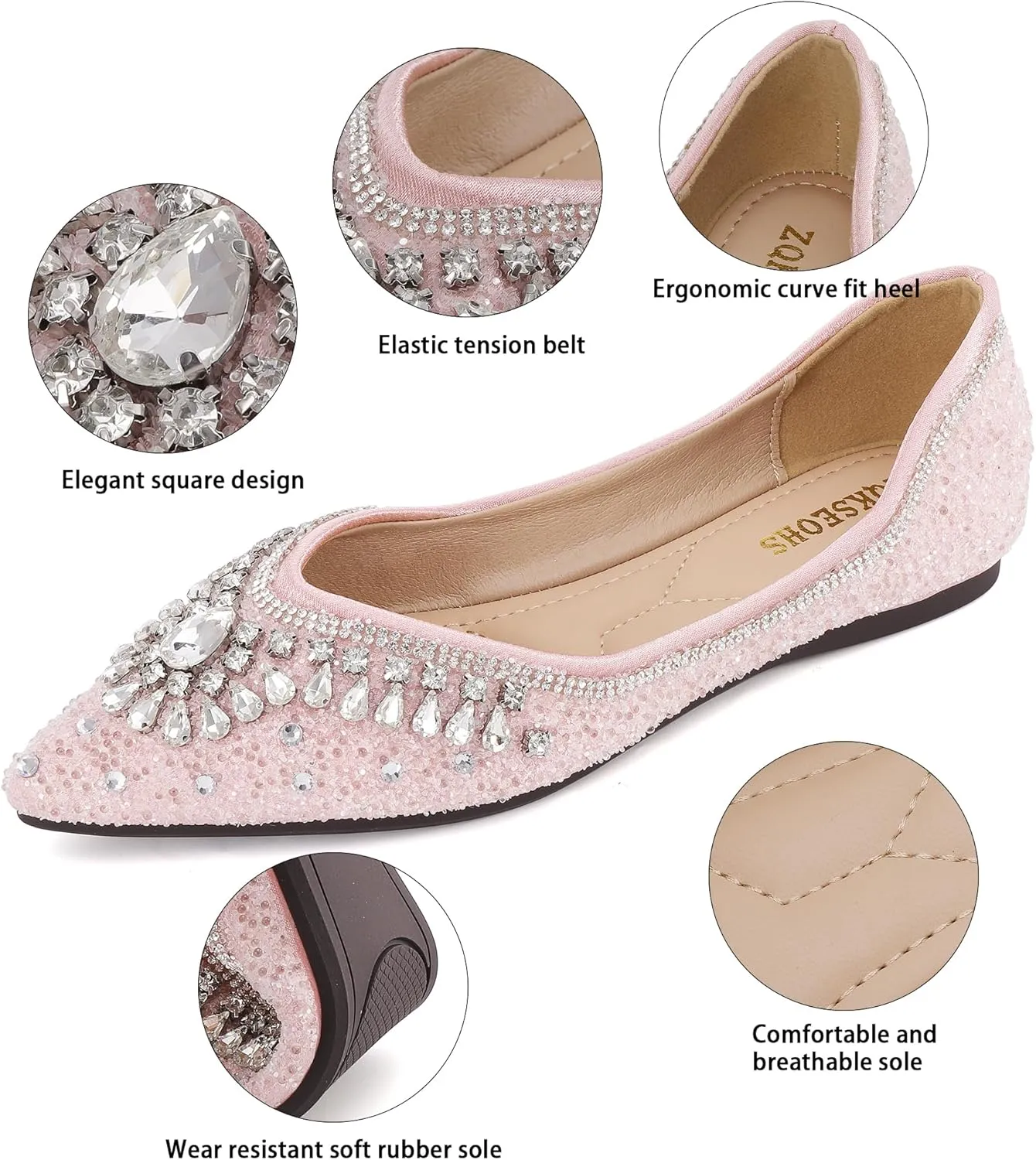 Flats Shoes Women Rhinestone Sequin Wedding Pointed Toe Dress Flat Shoes Comfortable Flats for Women Dressy