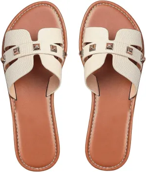Floerns Women's Studded Cut Out Flat Sandal Open Toe Leather Slip on Beach Shoes