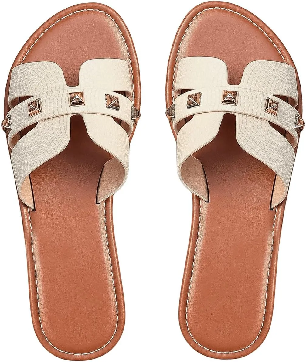 Floerns Women's Studded Cut Out Flat Sandal Open Toe Leather Slip on Beach Shoes