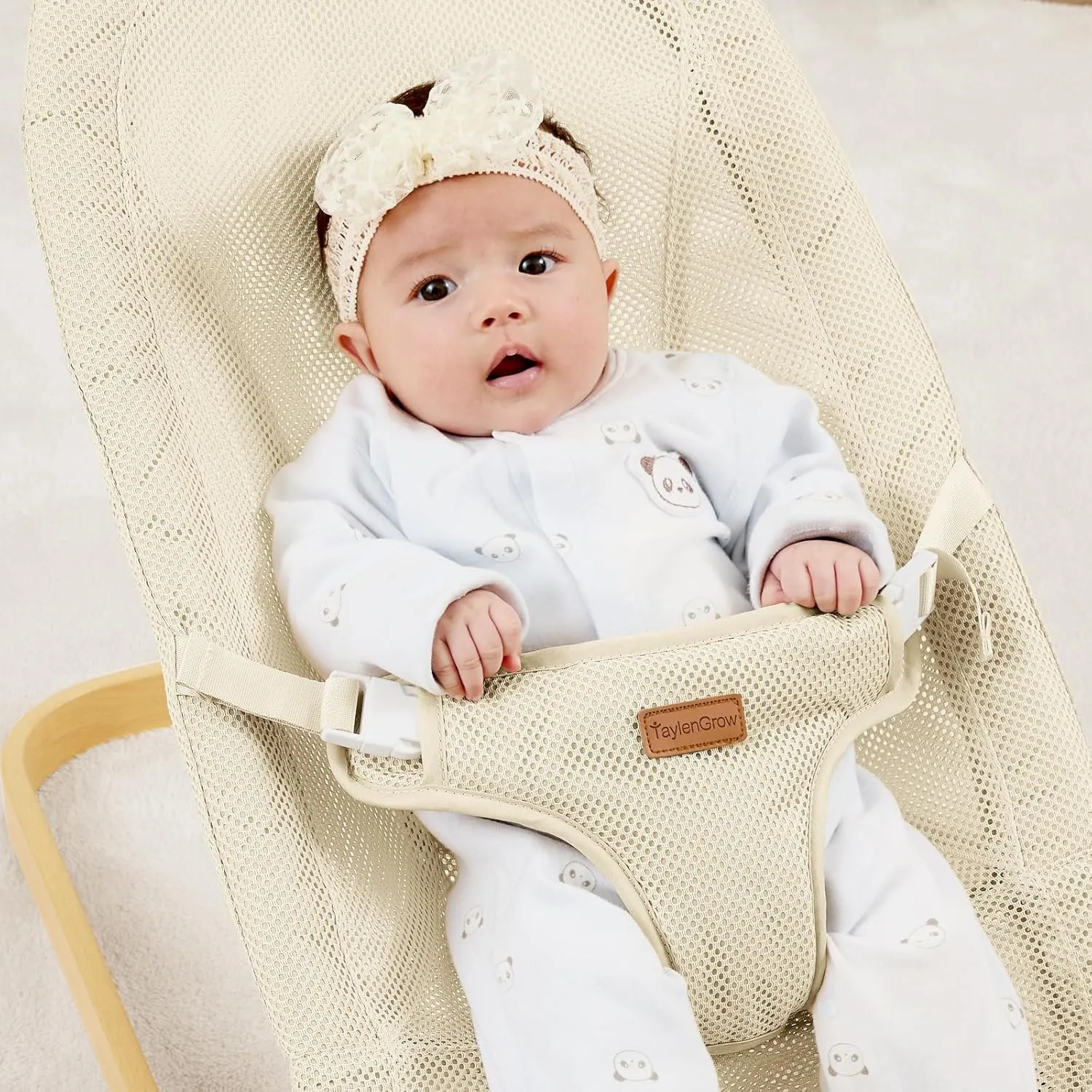 Foldable Baby Bouncer, Baby Bouncer Seat with 3 Adjustable Heights, Portable Newborn Rocker, Ergonomic Bouncer Seat for Natural Bounce, Bouncer for Babies 0-6 Months, Breathable Mesh (Beige)