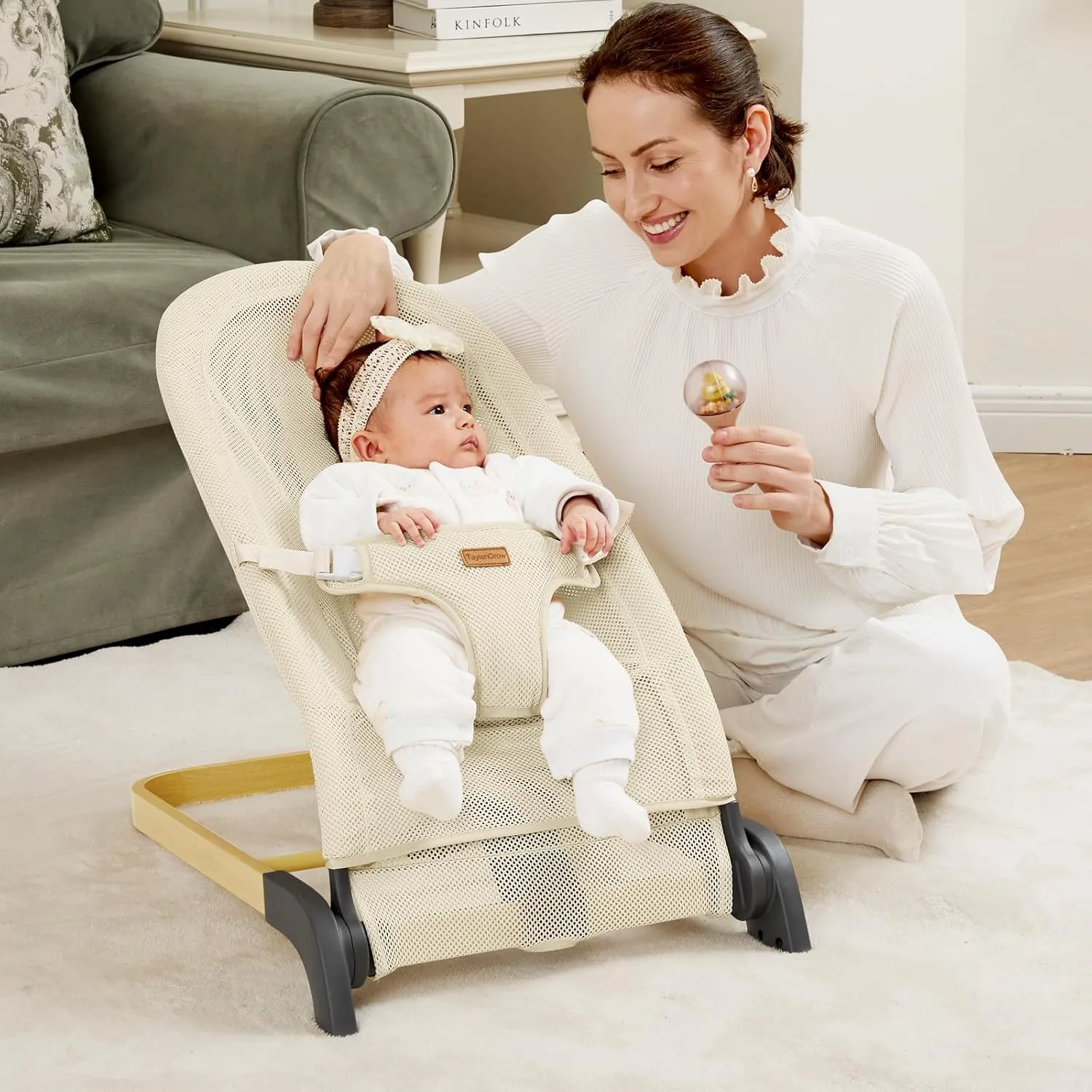 Foldable Baby Bouncer, Baby Bouncer Seat with 3 Adjustable Heights, Portable Newborn Rocker, Ergonomic Bouncer Seat for Natural Bounce, Bouncer for Babies 0-6 Months, Breathable Mesh (Beige)