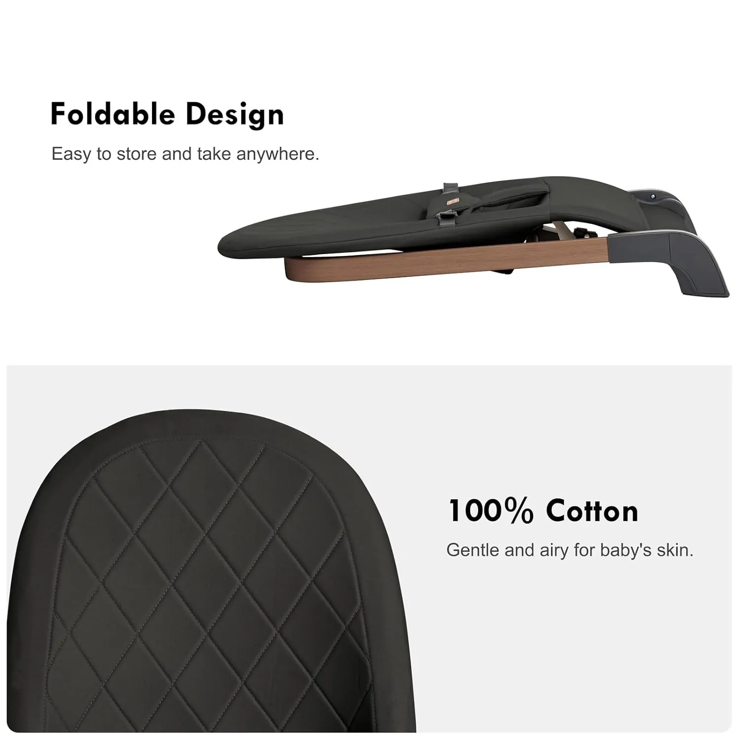 Foldable Baby Bouncer, Baby Seat with 3 Adjustable Heights, Portable Newborn Rocker, Ergonomic Bouncy Seat for Natural Bounce, Bouncer for Babies 0-6 Months, Soft Cotton (Black)