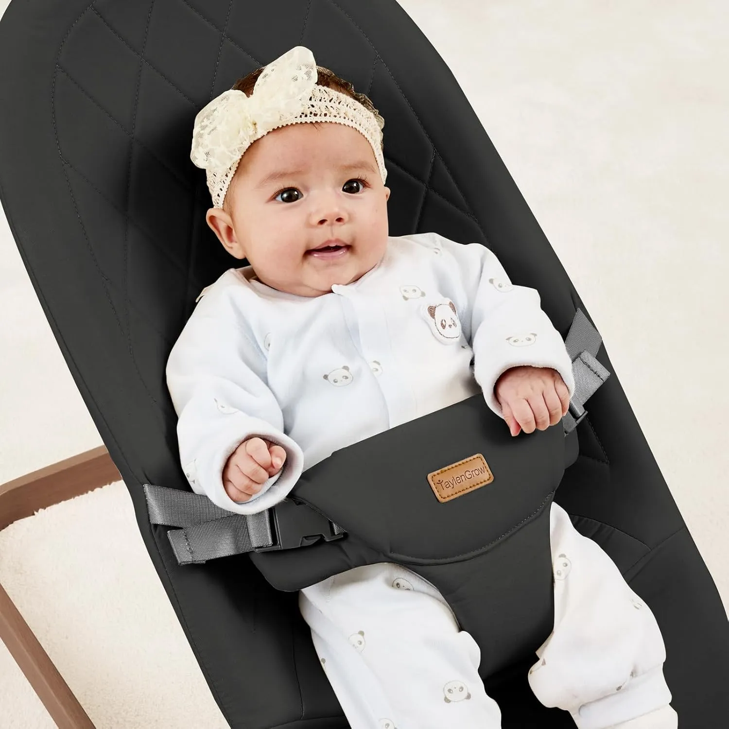 Foldable Baby Bouncer, Baby Seat with 3 Adjustable Heights, Portable Newborn Rocker, Ergonomic Bouncy Seat for Natural Bounce, Bouncer for Babies 0-6 Months, Soft Cotton (Black)