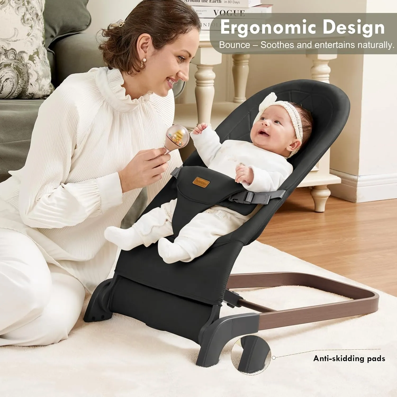 Foldable Baby Bouncer, Baby Seat with 3 Adjustable Heights, Portable Newborn Rocker, Ergonomic Bouncy Seat for Natural Bounce, Bouncer for Babies 0-6 Months, Soft Cotton (Black)