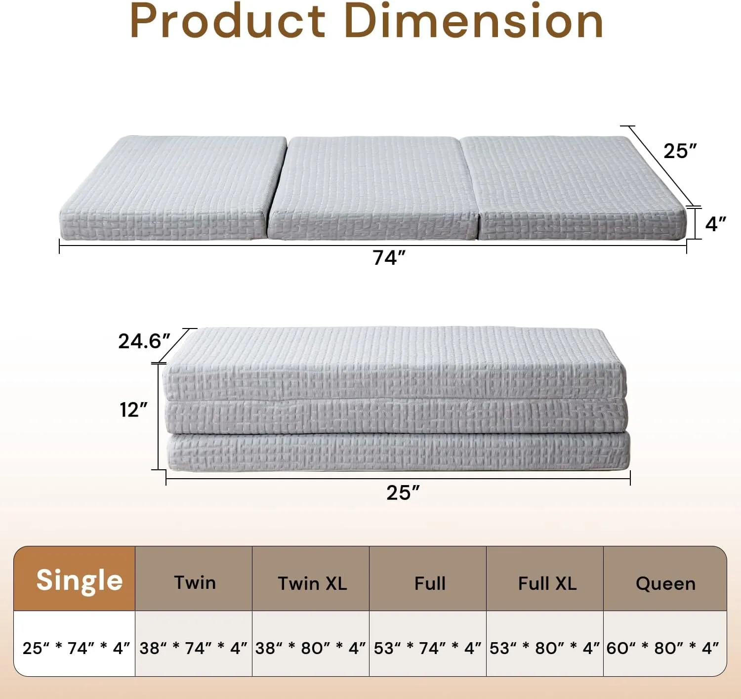 Foldable Mattress, 4 Inch Memory Foam Guest Floor Mat, Tri Folding Portable Mattress for Kids and Adults, Washable Cover, Non-Slip Design, Single Size (25.2" L x 74" W x 4" Th), Grey