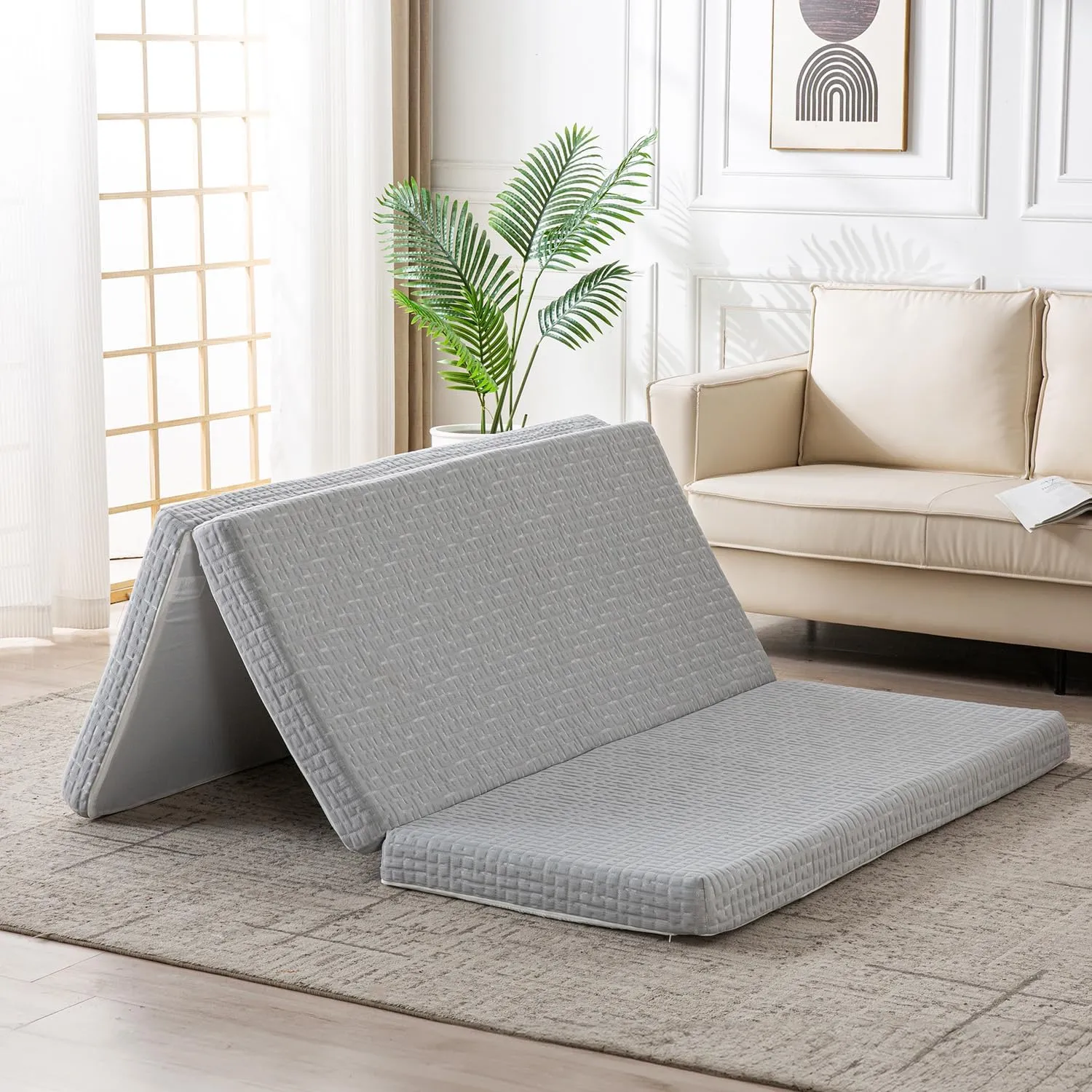 Foldable Mattress, 4 Inch Memory Foam Guest Floor Mat, Tri Folding Portable Mattress for Kids and Adults, Washable Cover, Non-Slip Design, Single Size (25.2" L x 74" W x 4" Th), Grey