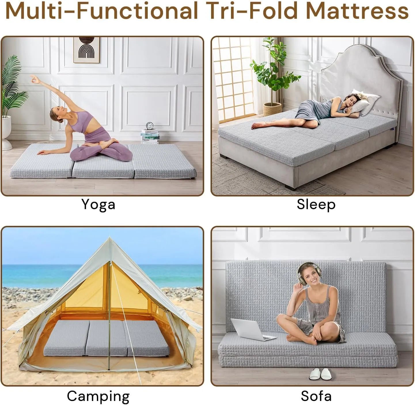 Foldable Mattress, 4 Inch Memory Foam Guest Floor Mat, Tri Folding Portable Mattress for Kids and Adults, Washable Cover, Non-Slip Design, Single Size (25.2" L x 74" W x 4" Th), Grey