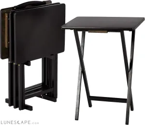 Foldable TV Dinner Tray Table with Storage Rack, Set of 4, Black, 15"
