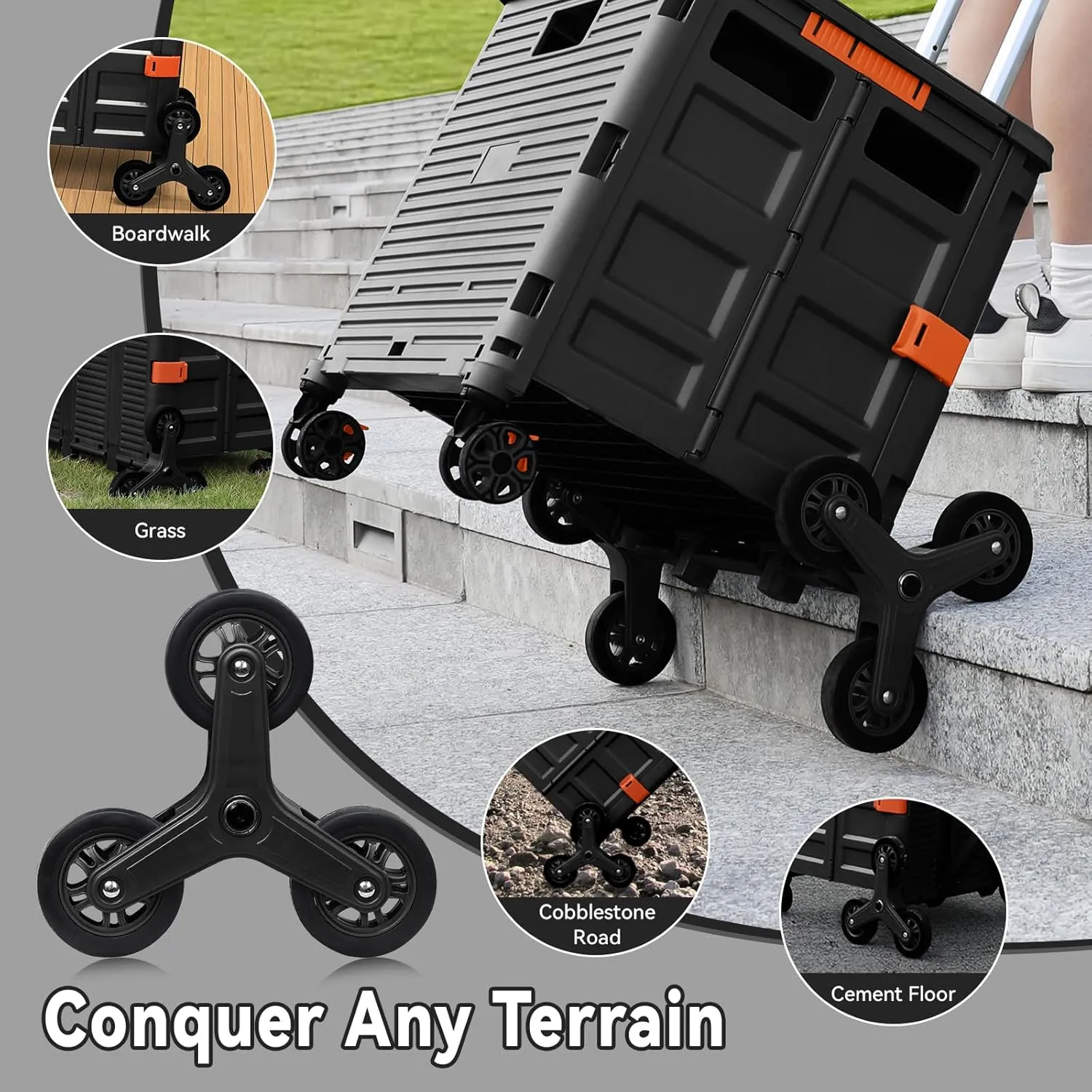 Foldable Utility Cart with Stair Climbing Wheels,Collapsible Rolling Crate with Magnetic Lid Telescopic Cover,Adjustable Telescoping Handle,360° Rotate Wheel Hand Cart for Teacher Shopping Moving