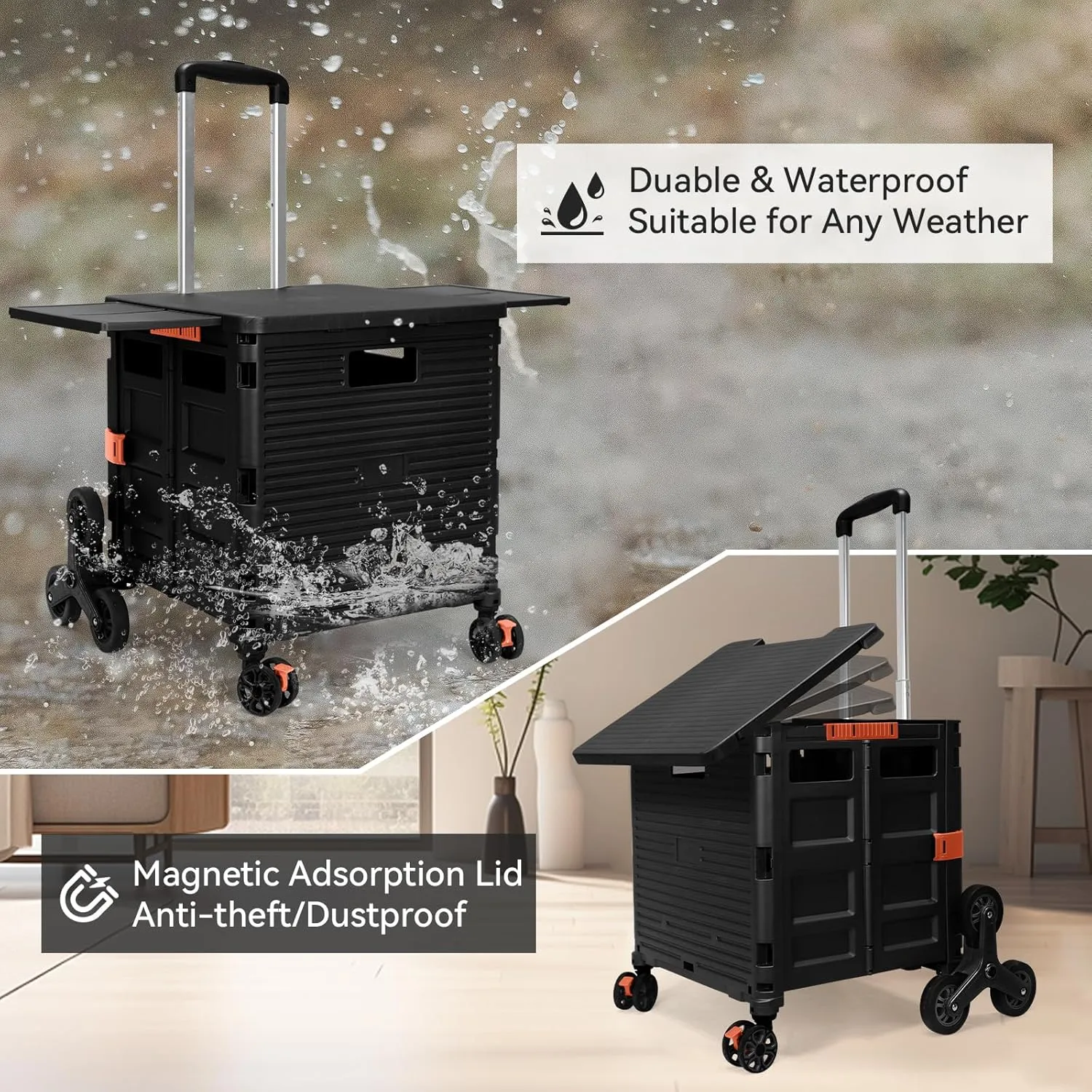 Foldable Utility Cart with Stair Climbing Wheels,Collapsible Rolling Crate with Magnetic Lid Telescopic Cover,Adjustable Telescoping Handle,360° Rotate Wheel Hand Cart for Teacher Shopping Moving
