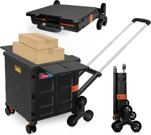 Foldable Utility Cart with Stair Climbing Wheels,Collapsible Rolling Crate with Magnetic Lid Telescopic Cover,Adjustable Telescoping Handle,360° Rotate Wheel Hand Cart for Teacher Shopping Moving