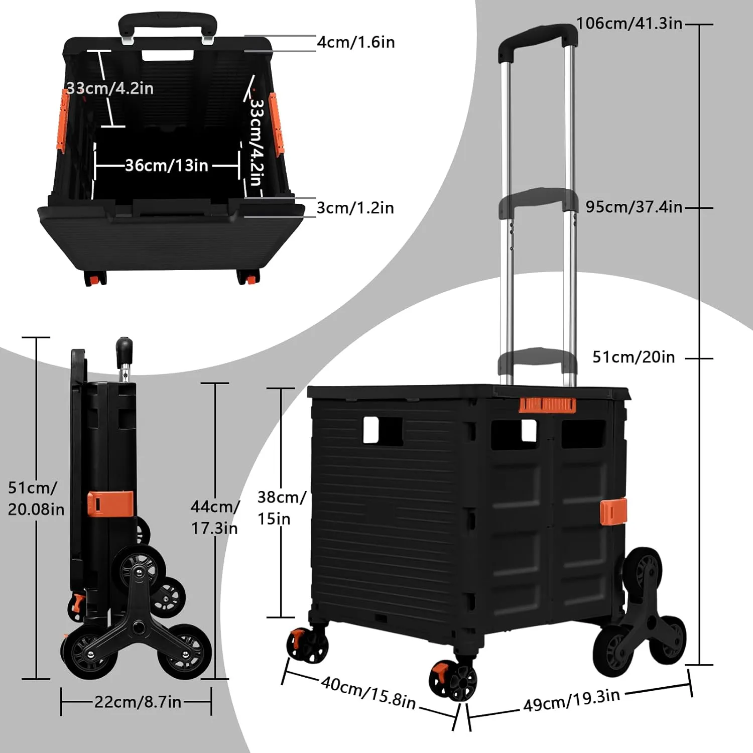 Foldable Utility Cart with Stair Climbing Wheels,Collapsible Rolling Crate with Magnetic Lid Telescopic Cover,Adjustable Telescoping Handle,360° Rotate Wheel Hand Cart for Teacher Shopping Moving