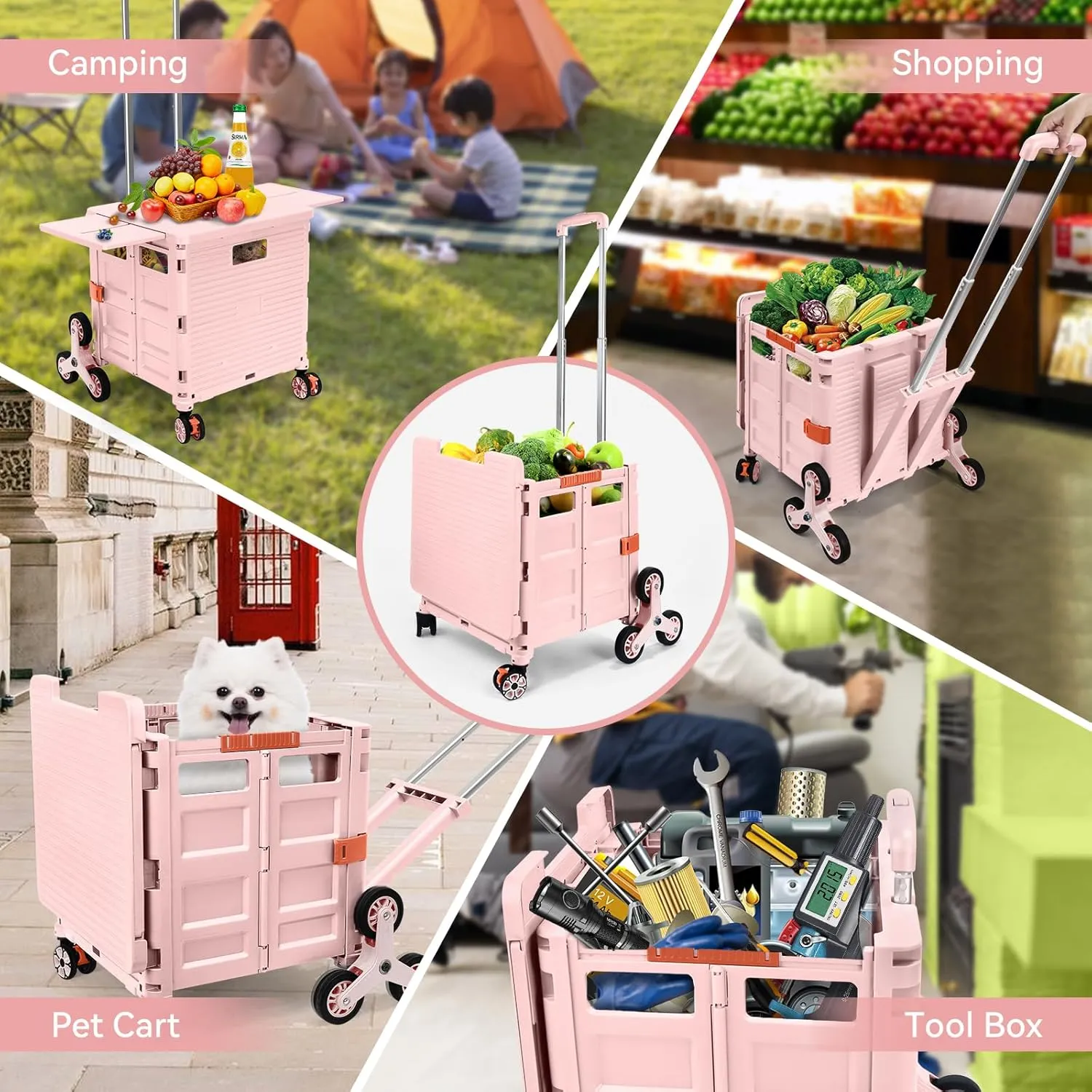 Foldable Utility Cart with Stair Climbing Wheels,Collapsible Rolling Crate with Magnetic Lid Telescopic Cover,Adjustable Telescoping Handle,360° Rotate Wheel Hand Cart for Teacher Shopping Moving