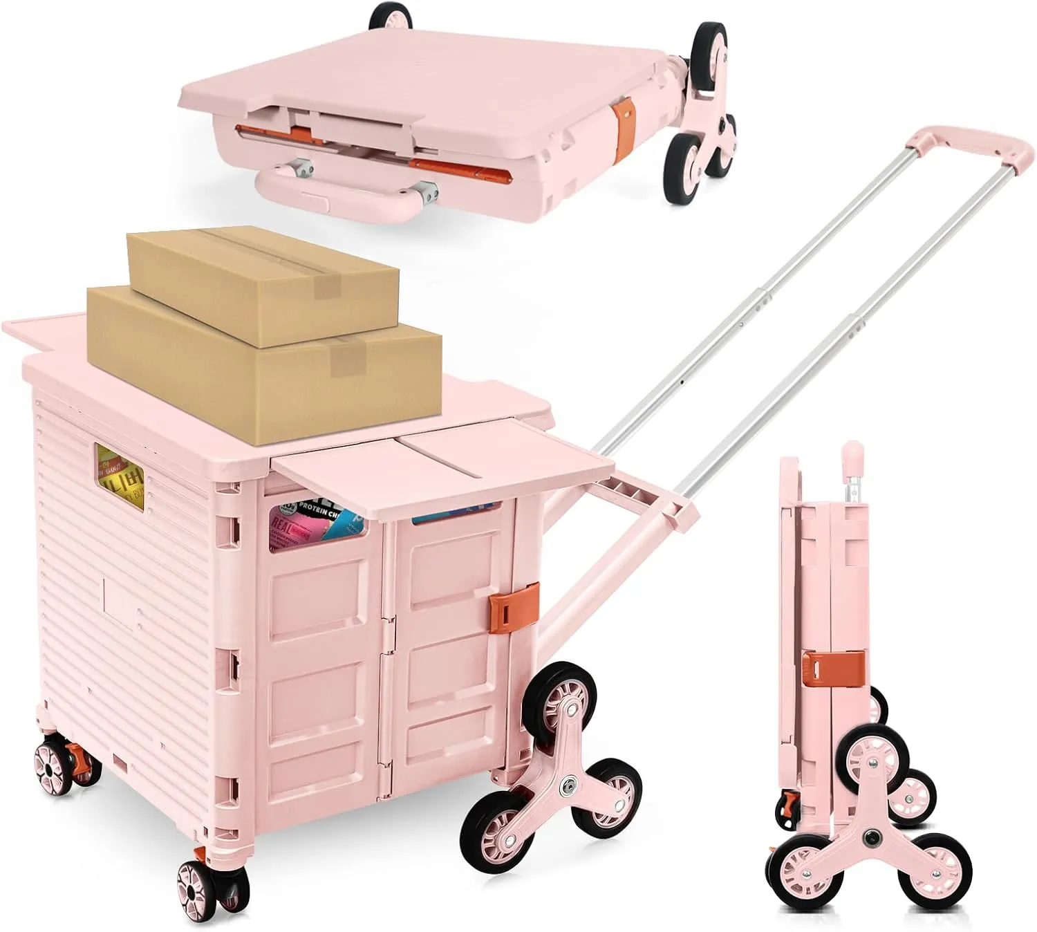 Foldable Utility Cart with Stair Climbing Wheels,Collapsible Rolling Crate with Magnetic Lid Telescopic Cover,Adjustable Telescoping Handle,360° Rotate Wheel Hand Cart for Teacher Shopping Moving