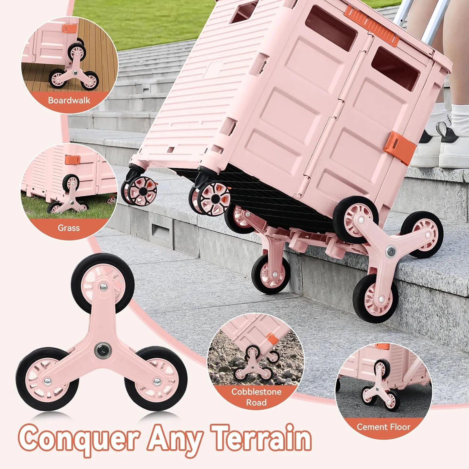 Foldable Utility Cart with Stair Climbing Wheels,Collapsible Rolling Crate with Magnetic Lid Telescopic Cover,Adjustable Telescoping Handle,360° Rotate Wheel Hand Cart for Teacher Shopping Moving