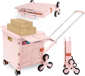 Foldable Utility Cart with Stair Climbing Wheels,Collapsible Rolling Crate with Magnetic Lid Telescopic Cover,Adjustable Telescoping Handle,360° Rotate Wheel Hand Cart for Teacher Shopping Moving