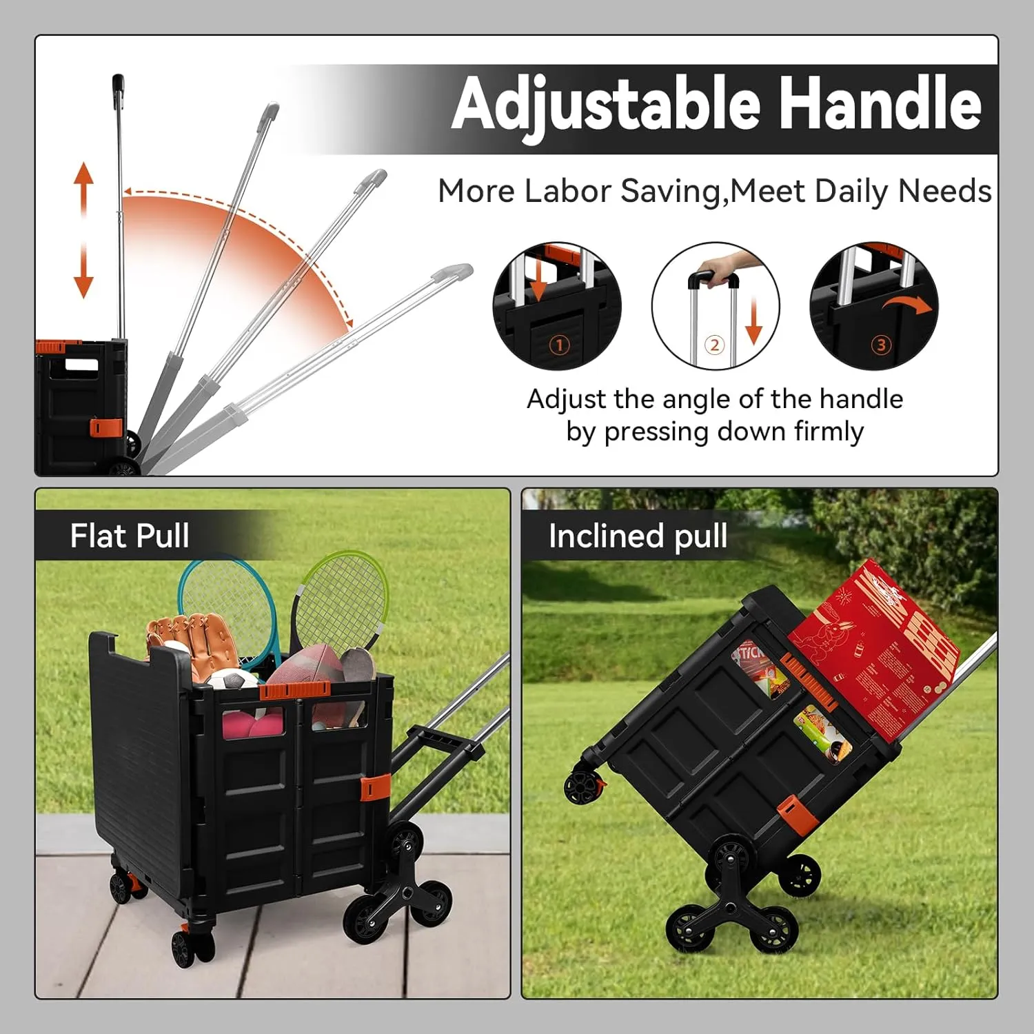 Foldable Utility Cart with Stair Climbing Wheels,Collapsible Rolling Crate with Magnetic Lid Telescopic Cover,Adjustable Telescoping Handle,360° Rotate Wheel Hand Cart for Teacher Shopping Moving