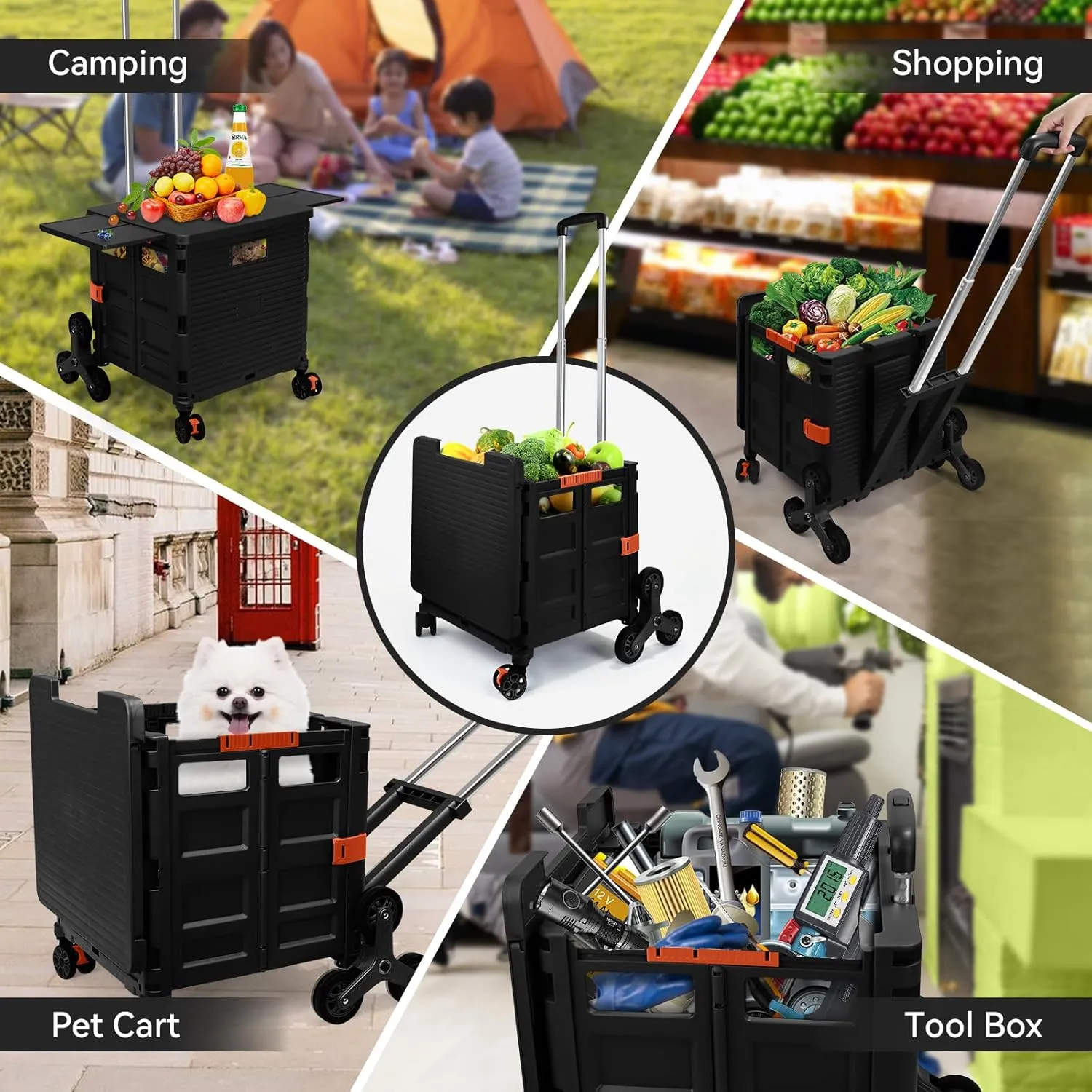Foldable Utility Cart with Stair Climbing Wheels,Collapsible Rolling Crate with Magnetic Lid Telescopic Cover,Adjustable Telescoping Handle,360° Rotate Wheel Hand Cart for Teacher Shopping Moving