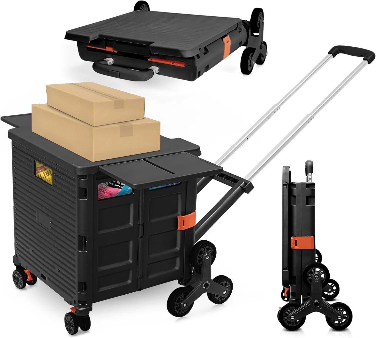 Foldable Utility Cart with Stair Climbing Wheels,Collapsible Rolling Crate with Magnetic Lid Telescopic Cover,Adjustable Telescoping Handle,360° Rotate Wheel Hand Cart for Teacher Shopping Moving