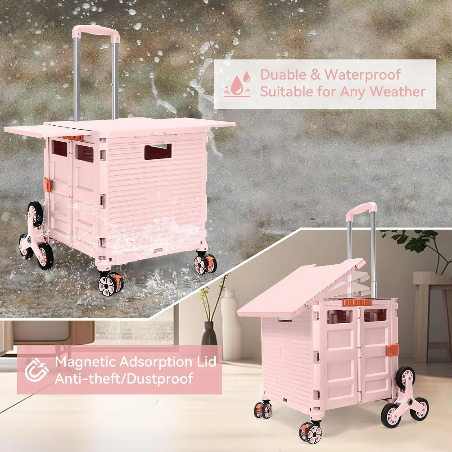 Foldable Utility Cart with Stair Climbing Wheels,Collapsible Rolling Crate with Magnetic Lid Telescopic Cover,Adjustable Telescoping Handle,360° Rotate Wheel Hand Cart for Teacher Shopping Moving