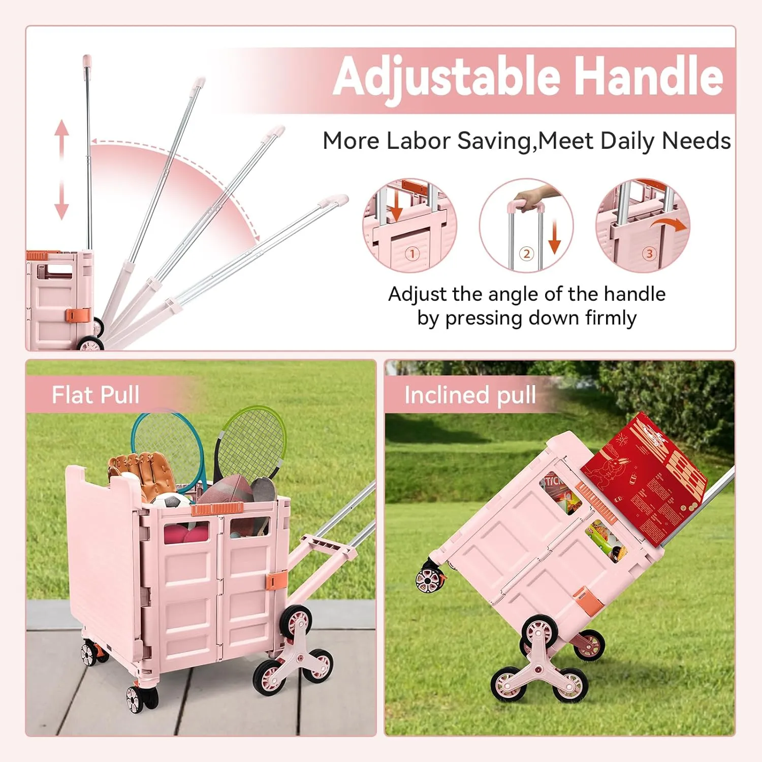 Foldable Utility Cart with Stair Climbing Wheels,Collapsible Rolling Crate with Magnetic Lid Telescopic Cover,Adjustable Telescoping Handle,360° Rotate Wheel Hand Cart for Teacher Shopping Moving